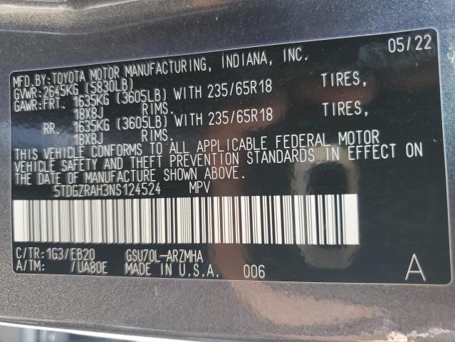 5TDGZRAH3NS124524 - 2022 TOYOTA HIGHLANDER XLE GRAY photo 13