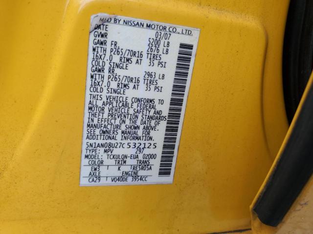 5N1AN08U27C532125 - 2007 NISSAN XTERRA OFF ROAD YELLOW photo 13