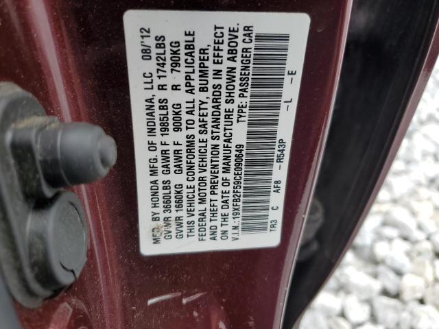 19XFB2F59CE090649 - 2012 HONDA CIVIC LX BURGUNDY photo 13