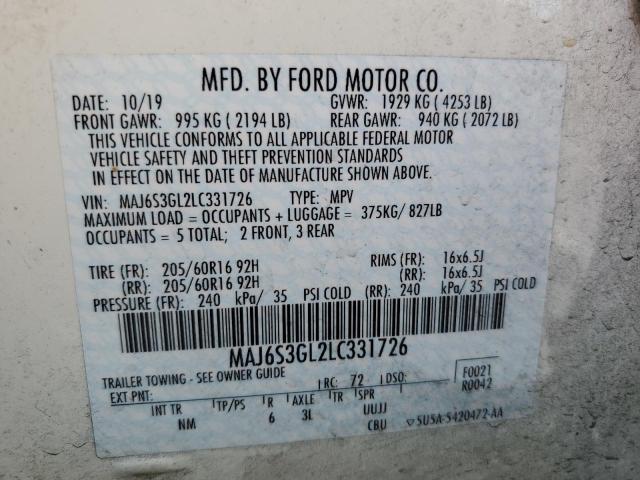 MAJ6S3GL2LC331726 - 2020 FORD ECOSPORT SE WHITE photo 12