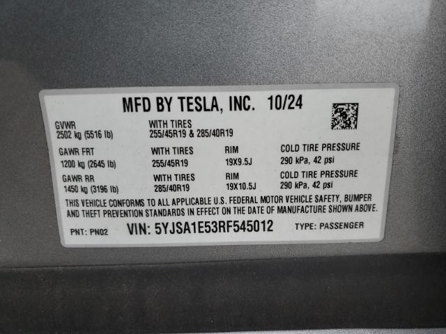 5YJSA1E53RF545012 - 2024 TESLA MODEL S Արծաթագույն լուսանկար 12