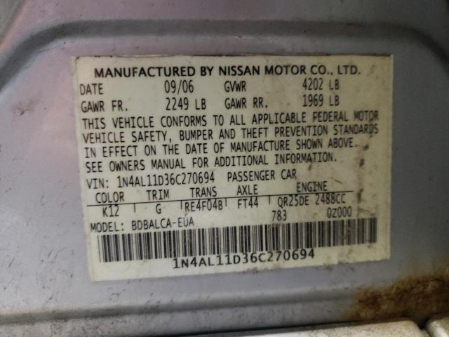 1N4AL11D36C270694 - 2006 NISSAN ALTIMA S SILVER photo 12