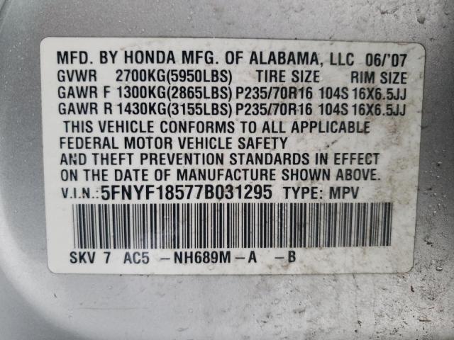 5FNYF18577B031295 - 2007 HONDA PILOT EXL SILVER photo 14