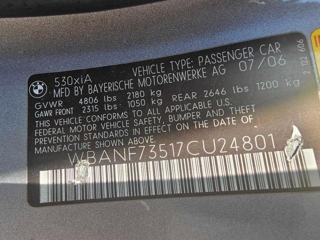 WBANF73517CU24801 - 2007 BMW 530 XI GRAY photo 10