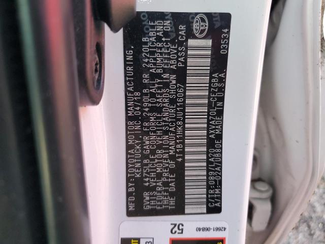 4T1B11HK8JU116067 - 2018 TOYOTA CAMRY L WHITE photo 12