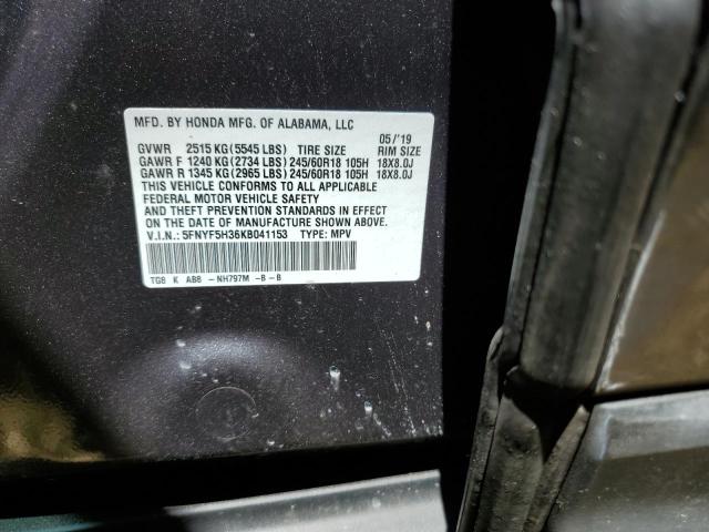 5FNYF5H36KB041153 - 2019 HONDA PILOT EX GRAY photo 14