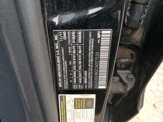 4JGDA5HB0CA027520 - 2012 MERCEDES-BENZ ML 350 4MATIC BLACK photo 12