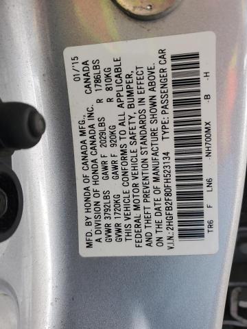 2HGFB2F80FH523134 - 2015 HONDA CIVIC EX SILVER photo 12
