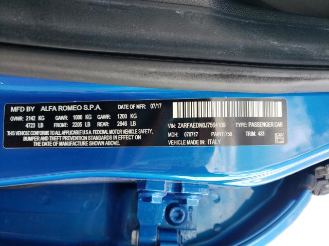 ZARFAEDN0J7564109 - 2018 ALFA ROMEO GIULIA Q4 BLUE photo 10