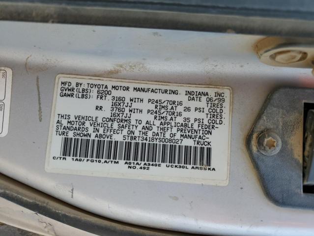 5TBRT3418YS008027 - 2000 TOYOTA TUNDRA ACCESS CAB ვერცხლისფერი ფოტო 13