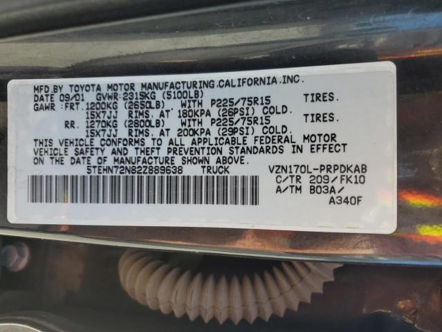 5TEHN72N82Z889638 - 2002 TOYOTA TACOMA DOUBLE CAB BLACK photo 12