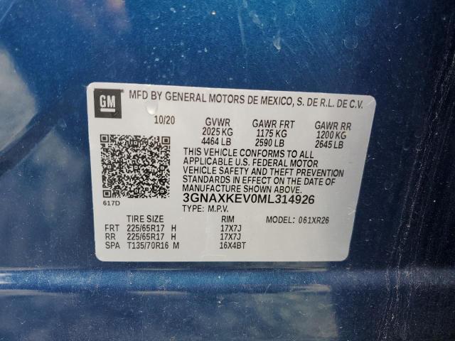 3GNAXKEV0ML314926 - 2021 CHEVROLET EQUINOX LT BLUE photo 13