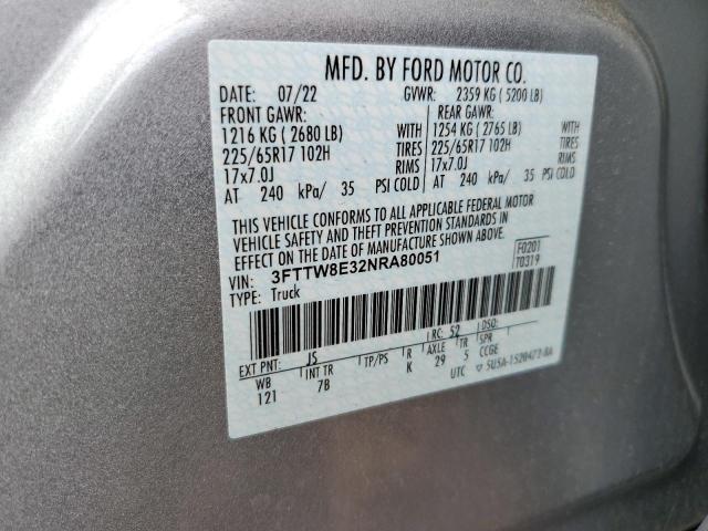 3FTTW8E32NRA80051 - 2022 FORD MAVERICK XL SILVER photo 12