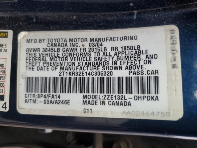 2T1KR32E14C305320 - 2004 TOYOTA COROLLA MA XR BLUE photo 12