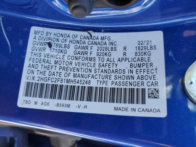 2HGFC2F81MH545248 - 2021 HONDA CIVIC SPORT 蓝色 照片 12