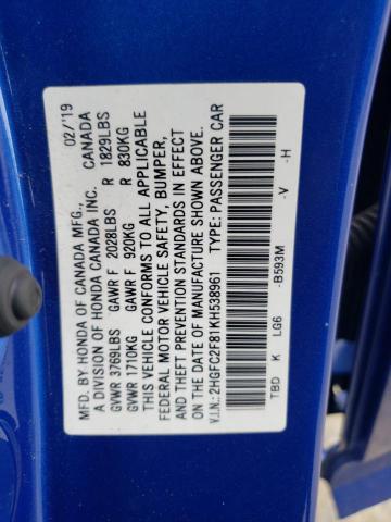 2HGFC2F81KH538961 - 2019 HONDA CIVIC SPORT 蓝色 照片 12