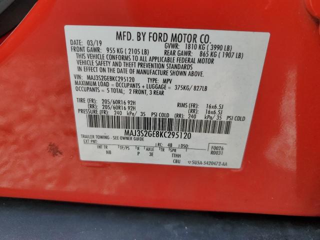MAJ3S2GE8KC295120 - 2019 FORD ECOSPORT SE RED photo 13