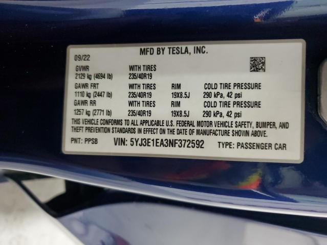 5YJ3E1EA3NF372592 - 2022 TESLA MODEL 3 BLUE photo 12