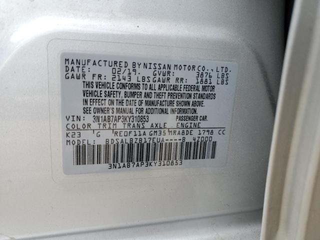 3N1AB7AP3KY310853 - 2019 NISSAN SENTRA S 银色 照片 12
