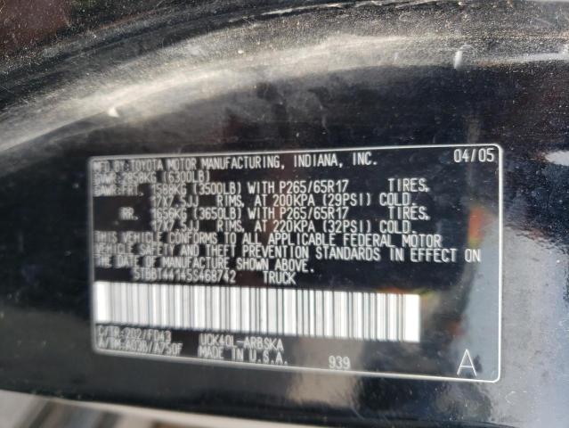 5TBBT44145S468742 - 2005 TOYOTA TUNDRA ACCESS CAB SR5 BLACK photo 12