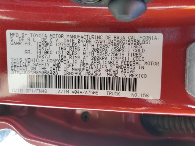 3TMJU62N08M068408 - 2008 TOYOTA TACOMA DOUBLE CAB PRERUNNER RED photo 12