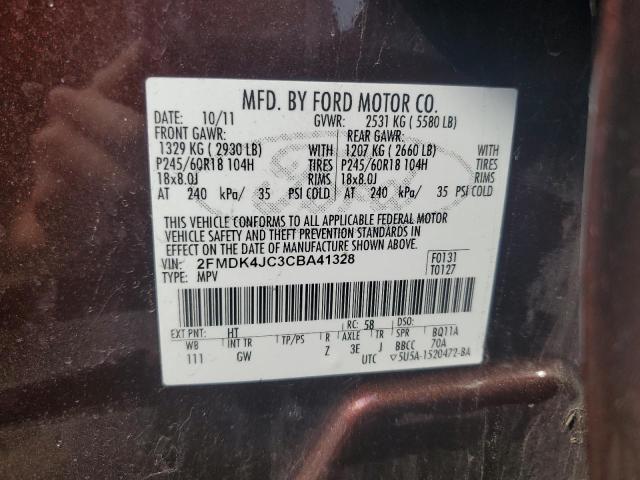 2FMDK4JC3CBA41328 - 2012 FORD EDGE SEL MAROON photo 12