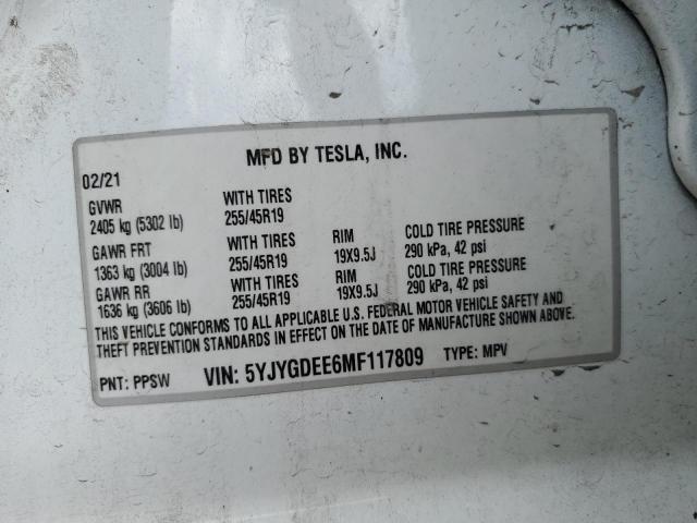 5YJYGDEE6MF117809 - 2021 TESLA MODEL Y WHITE photo 12