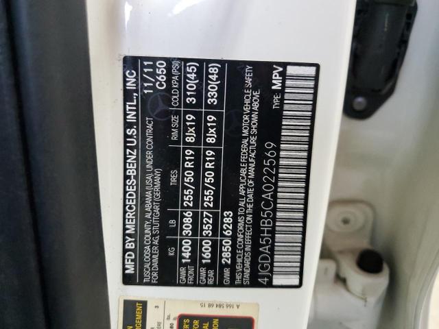 4JGDA5HB5CA022569 - 2012 MERCEDES-BENZ ML 350 4MATIC WHITE photo 13