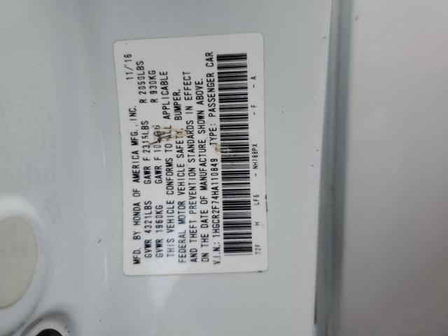 1HGCR2F74HA110849 - 2017 HONDA ACCORD EX WHITE photo 12