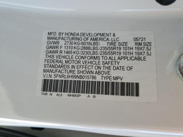 5FNRL6H99NB015786 - 2022 HONDA ODYSSEY ELITE Սպիտակ լուսանկար 10