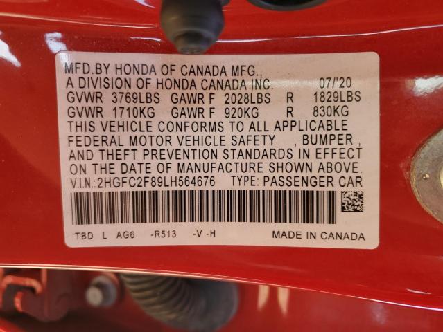 2HGFC2F89LH564676 - 2020 HONDA CIVIC SPORT 红色 照片 12