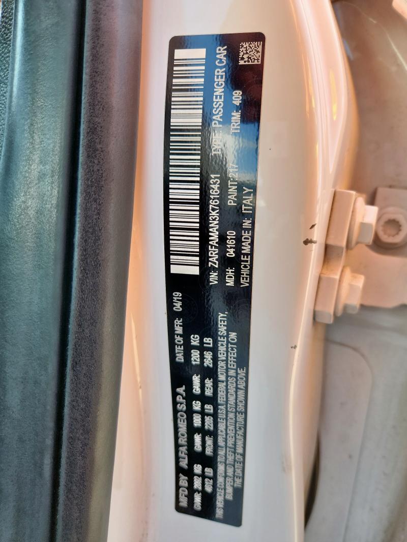 ZARFAMAN3K7616431 - 2019 ALFA ROMEO GIULIA WHITE photo 12