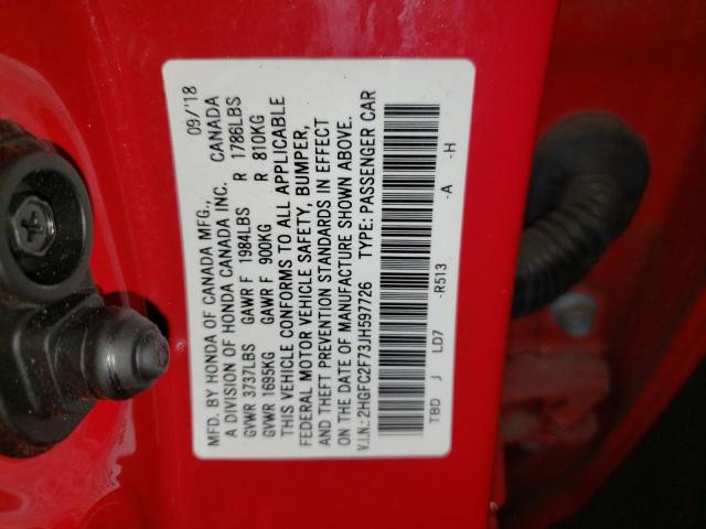 2HGFC2F73JH597726 - 2018 HONDA CIVIC EX RED photo 12