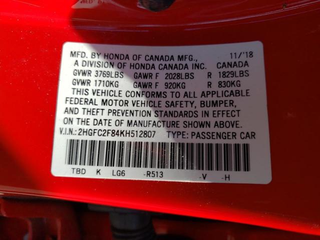 2HGFC2F84KH512807 - 2019 HONDA CIVIC SPORT 红色 照片 12