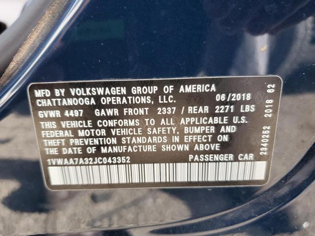 1VWAA7A32JC043352 - 2018 VOLKSWAGEN PASSAT S BLUE photo 12