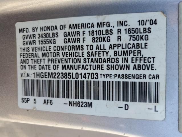 1HGEM22385L014703 - 2005 HONDA CIVIC DX VP Silber Foto 12