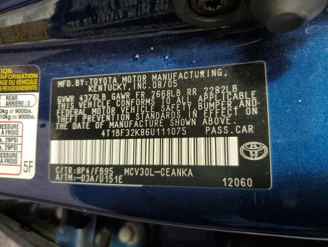 4T1BF32K86U111075 - 2006 TOYOTA CAMRY LE BLUE photo 12