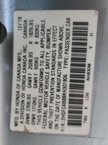 2HGFC4B88KH301806 - 2019 HONDA CIVIC SPORT 银色 照片 12