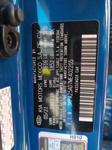 3KPA25AD7ME402205 - 2021 KIA RIO S BLUE photo 12