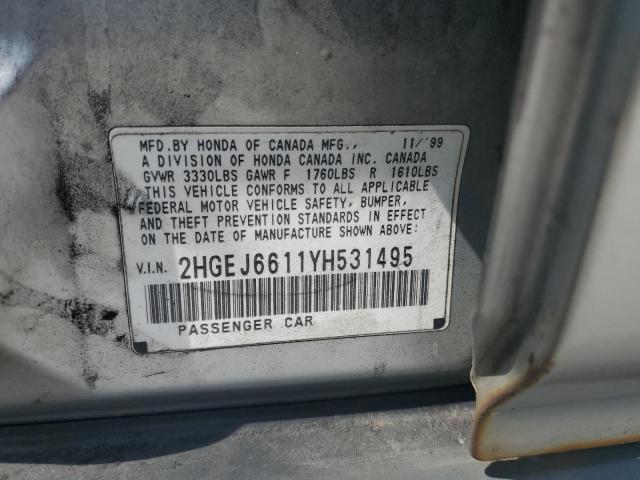 2HGEJ6611YH531495 - 2000 HONDA CIVIC BASE Gümüş foto 12