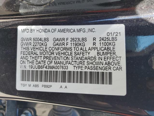 19UUB6F43MA007633 - 2021 ACURA TLX TECHNOLOGY BLACK photo 12