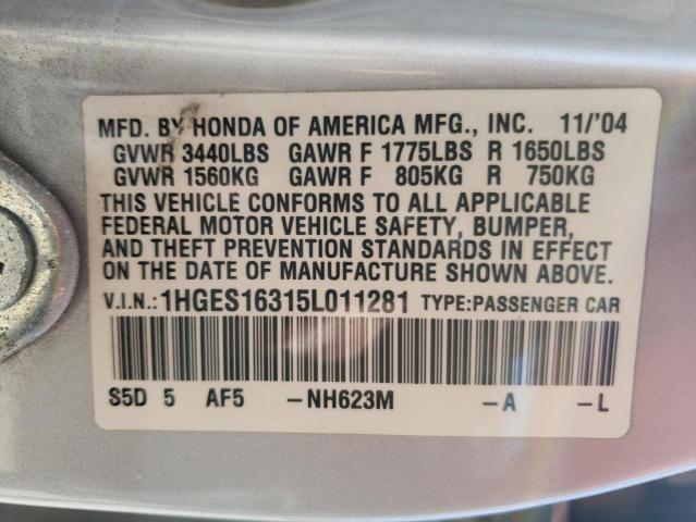 1HGES16315L011281 - 2005 HONDA CIVIC DX VP 银色 照片 12