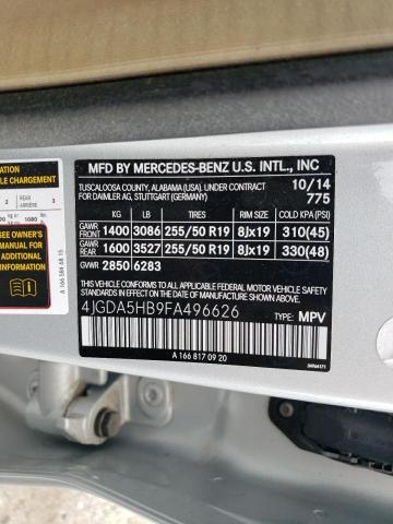 4JGDA5HB9FA496626 - 2015 MERCEDES-BENZ ML 350 4MATIC SILVER photo 12