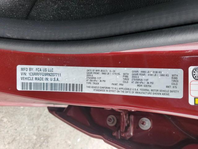 1C6RRFFG9RN207711 - 2024 RAM 1500 BIG HORN/LONE STAR BURGUNDY photo 12