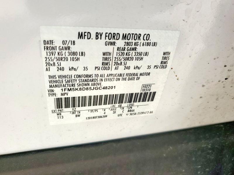 1FM5K8D85JGC48201 - 2018 FORD EXPLORER XLT Ақ фото 13