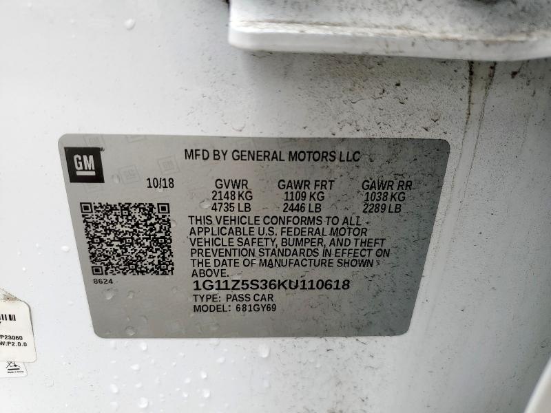 1G11Z5S36KU110618 - 2019 CHEVROLET IMPALA LT WHITE photo 12