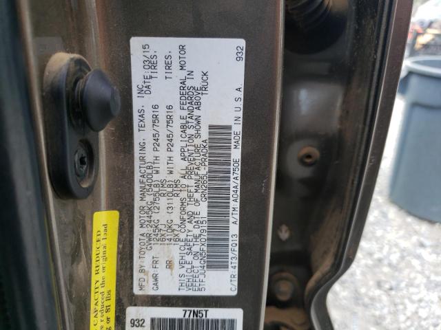 5TFJU4GN5FX079151 - 2015 TOYOTA TACOMA DOUBLE CAB PRERUNNER GRAY photo 12