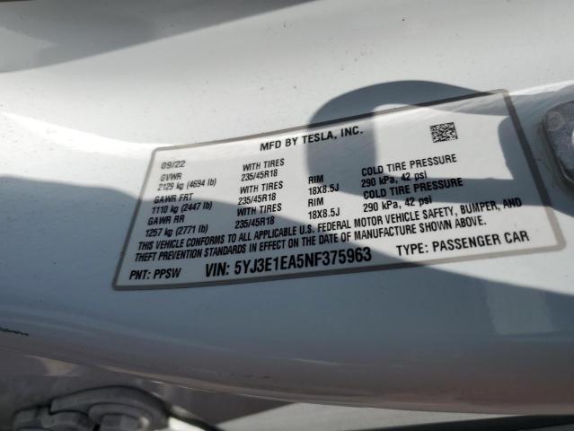 5YJ3E1EA5NF375963 - 2022 TESLA MODEL 3 WHITE photo 12