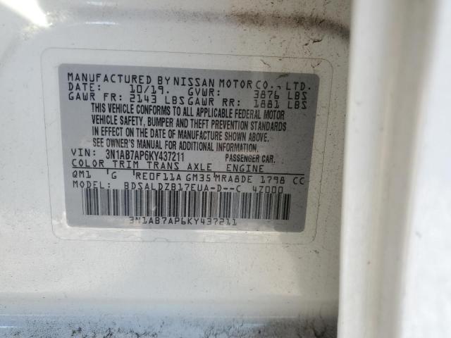 3N1AB7AP6KY437211 - 2019 NISSAN SENTRA S თეთრი ფოტო 12