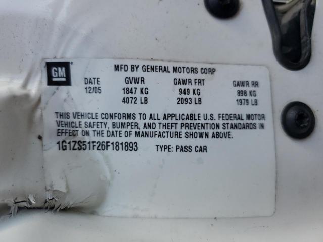 1G1ZS51F26F181893 - 2006 CHEVROLET MALIBU LS WHITE photo 12